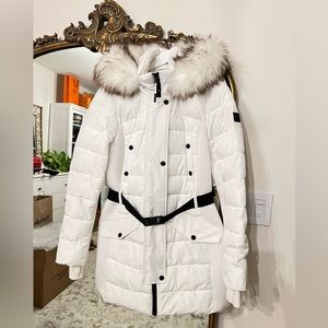 Michael Kors faux fur hooded white puffer belted coat